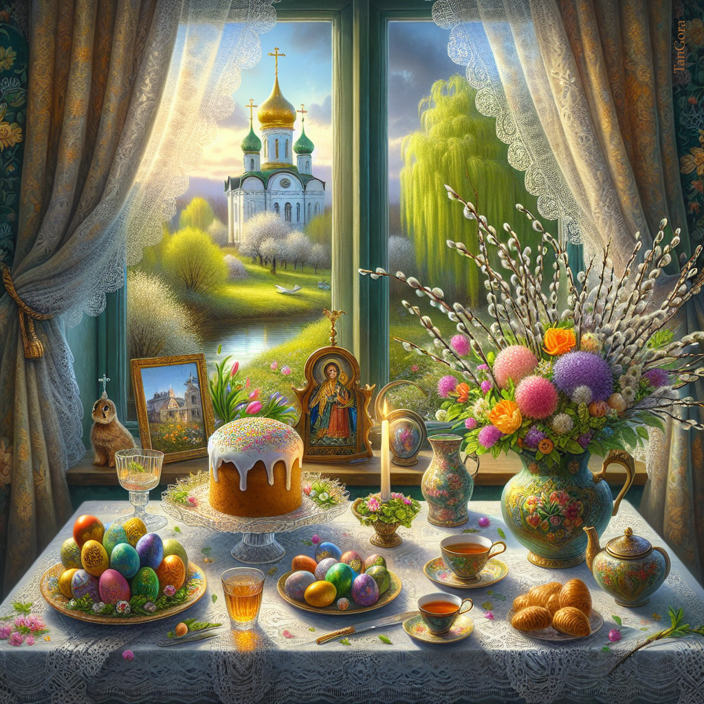 Easter Table Setting with Cake and Colorful Eggs