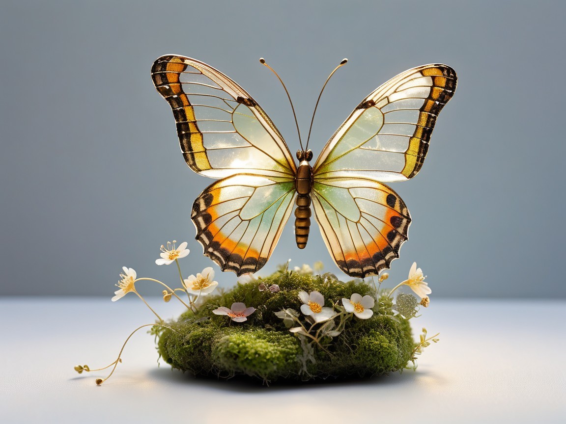 Detailed Butterfly on Green Moss with White Flowers