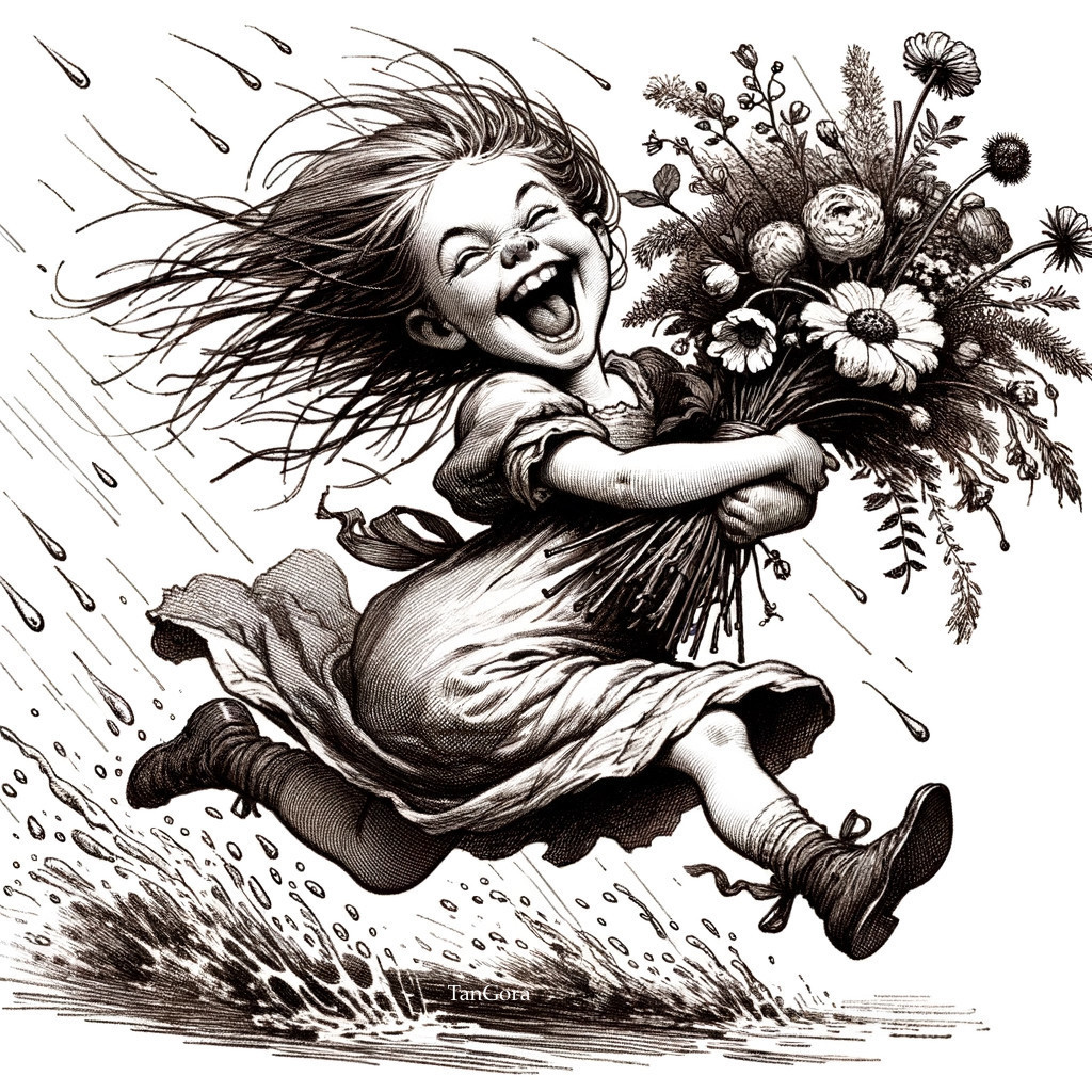 Joyful girl with wild hair in rain-soaked landscape