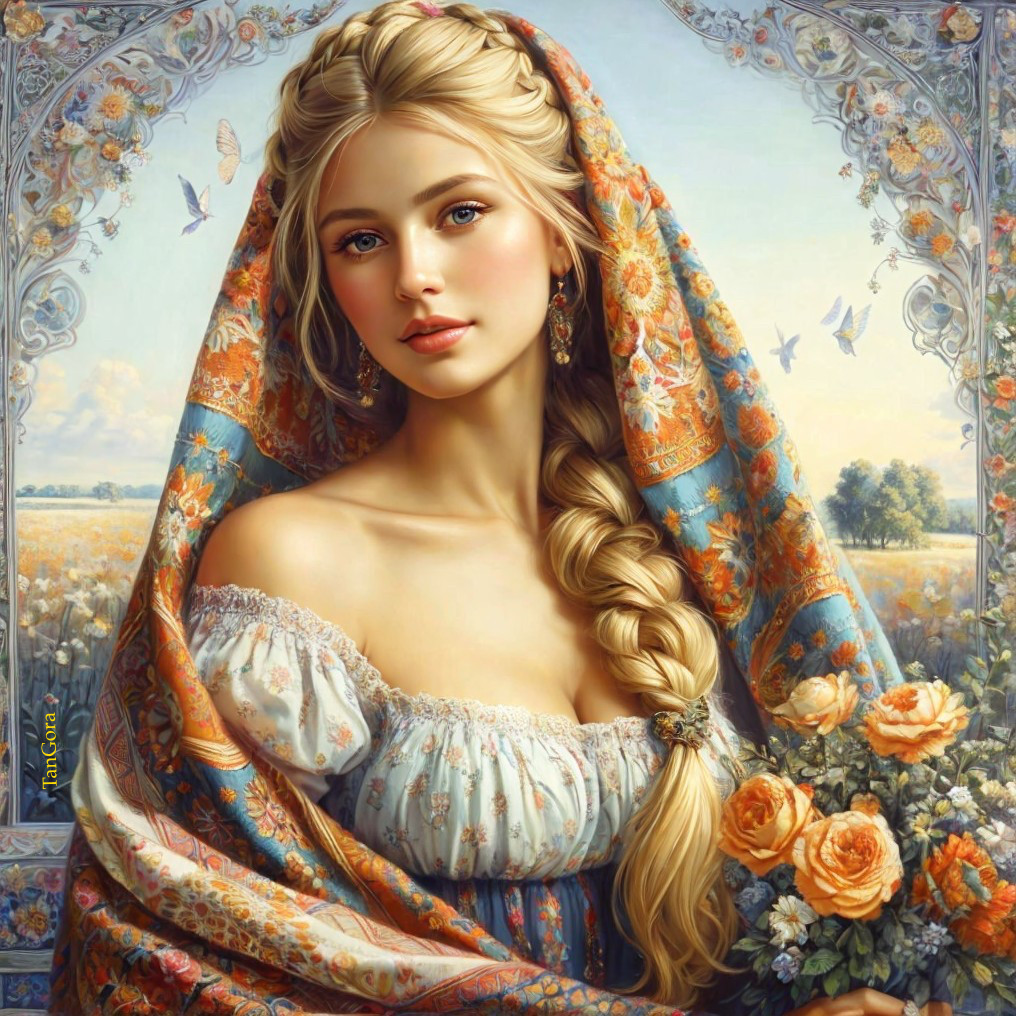 Young Woman in Floral Blouse Surrounded by Flowers