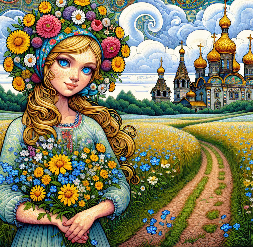 Young girl in traditional dress with flowers in meadow