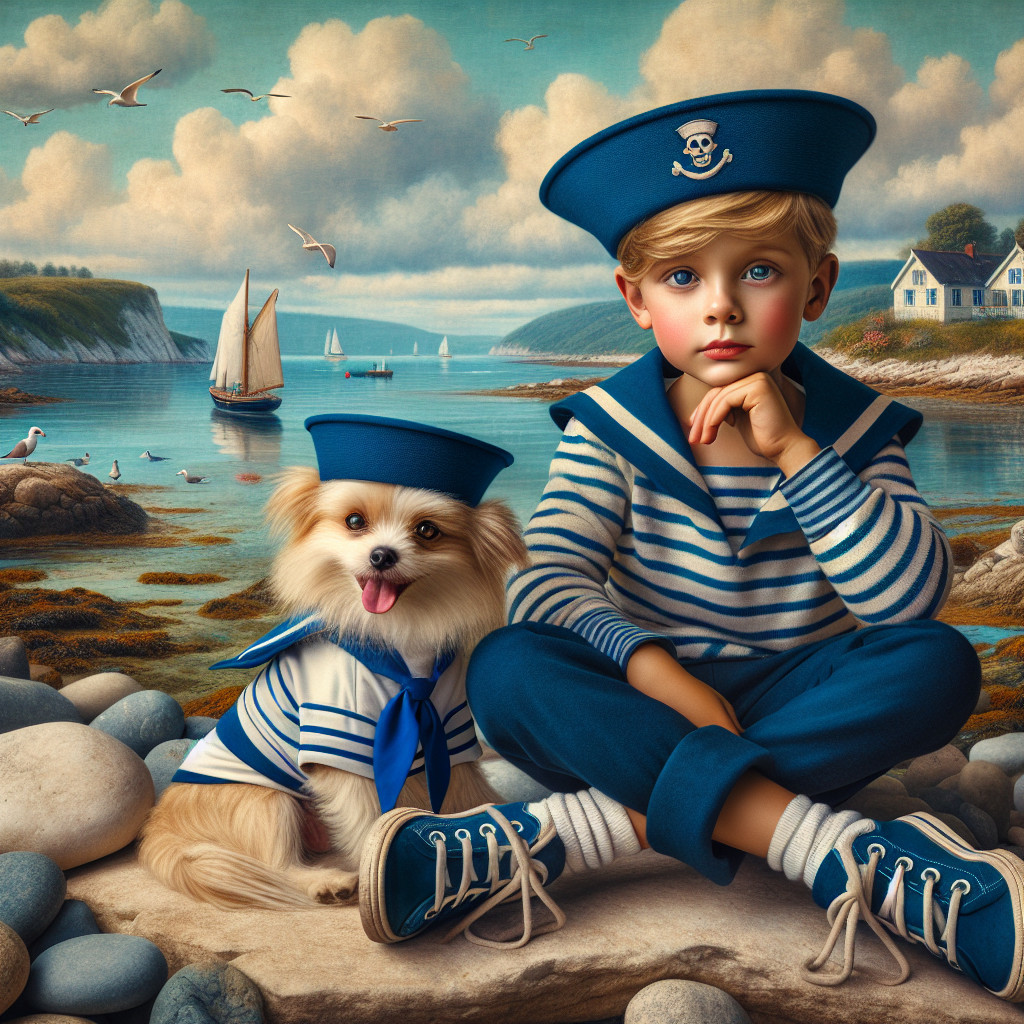 Young boy and dog in sailor outfits by the shore