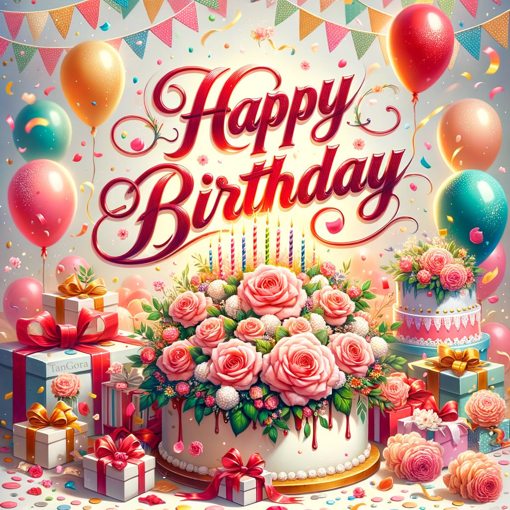 Festive Birthday Scene with Cake, Balloons, and Gifts