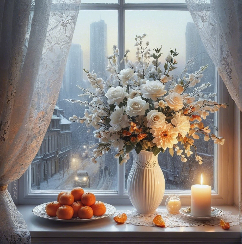 Serene Window Scene with White Roses and Cityscape