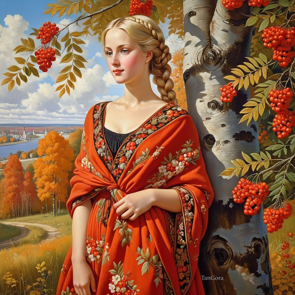 Young woman by birch tree in autumn landscape