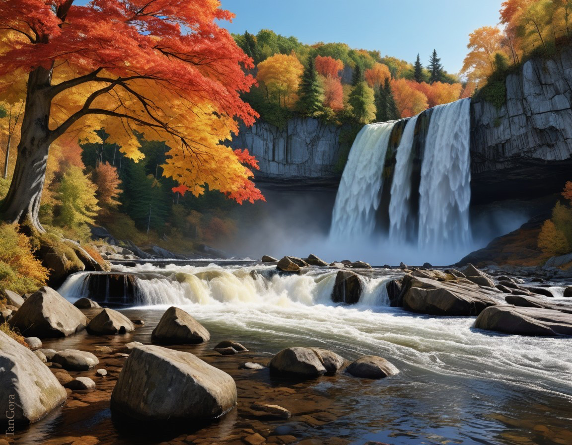 Waterfall Surrounded by Autumn Foliage and Mist