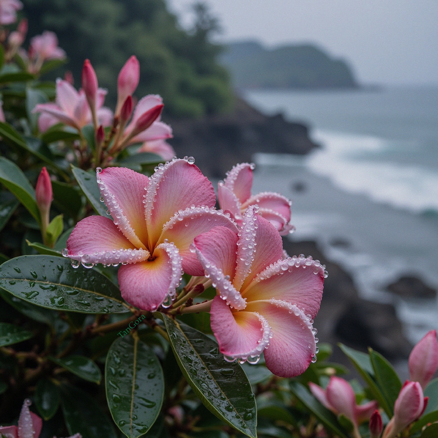 Plumeria Flowers with Raindrops in Coastal Setting