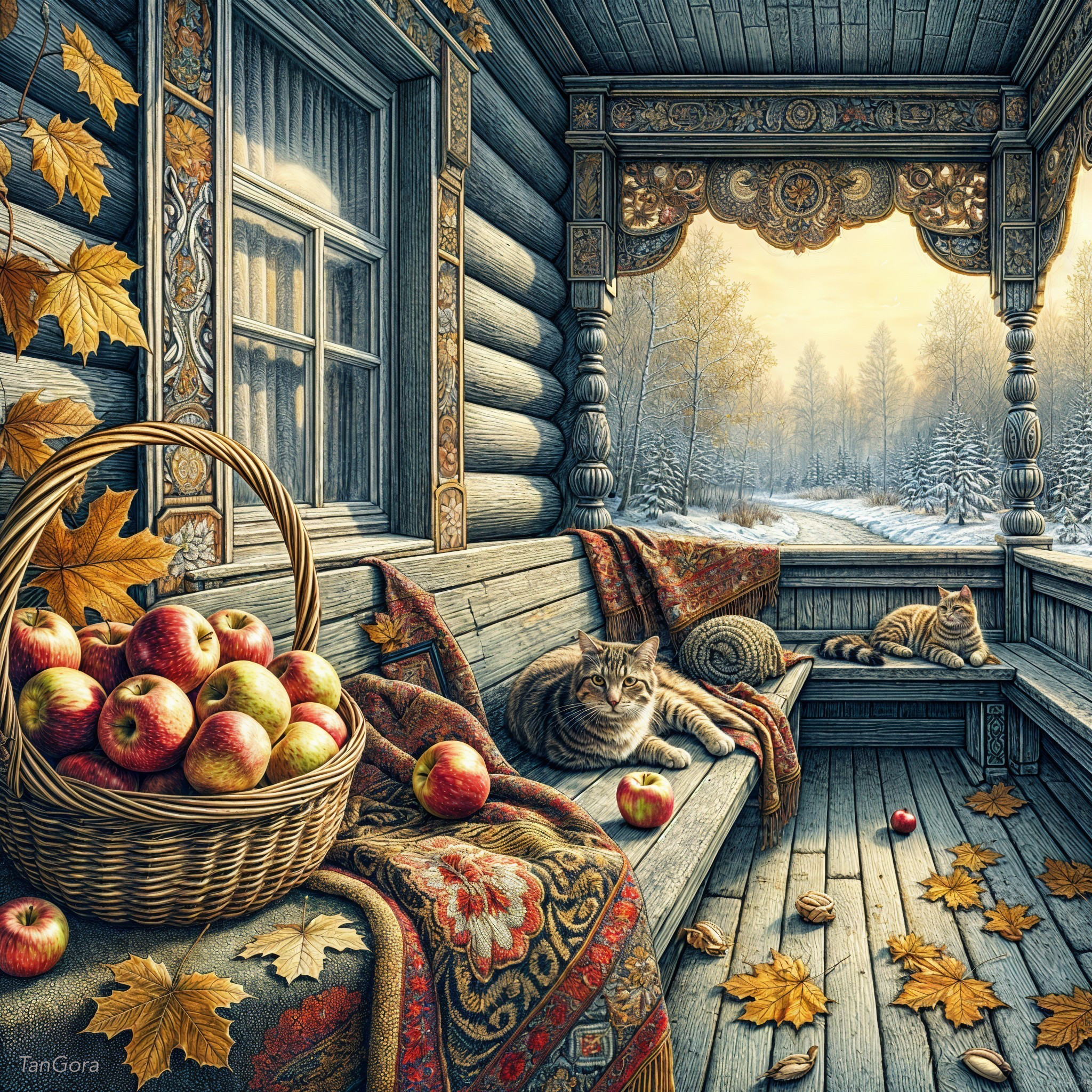 Cozy Wooden Porch with Autumn Leaves and Cats