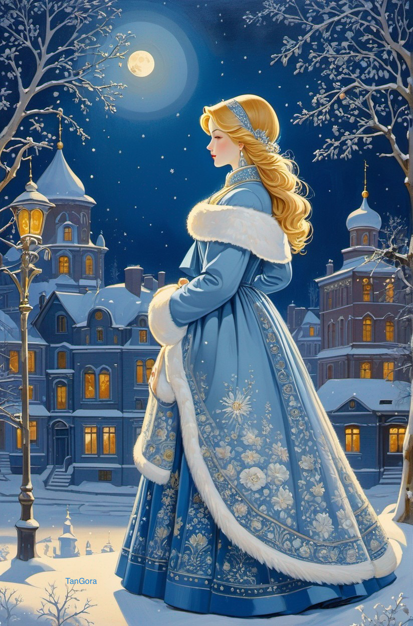 Detailed Illustration of Woman in Blue Dress in Snowy Landscape