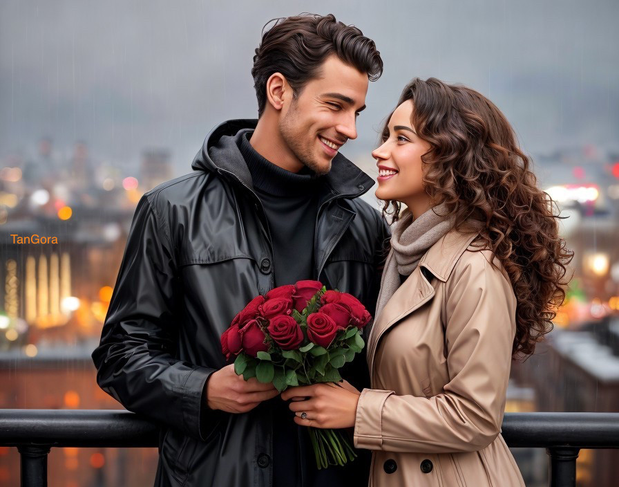 Couple on Rooftop with City Skyline at Dusk