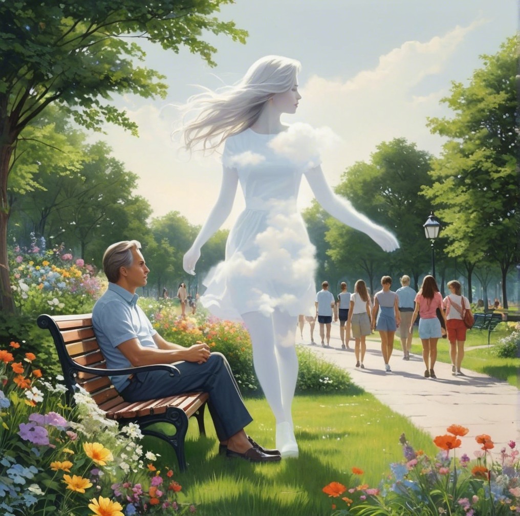 Man on Bench in Vibrant Park Surrounded by Flowers