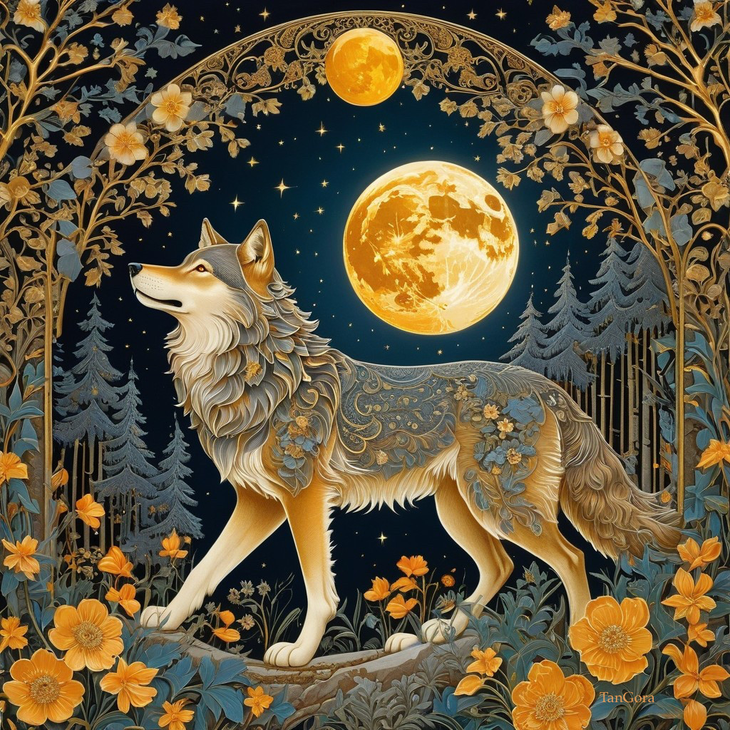 Intricate Illustration of a Wolf with Floral Background