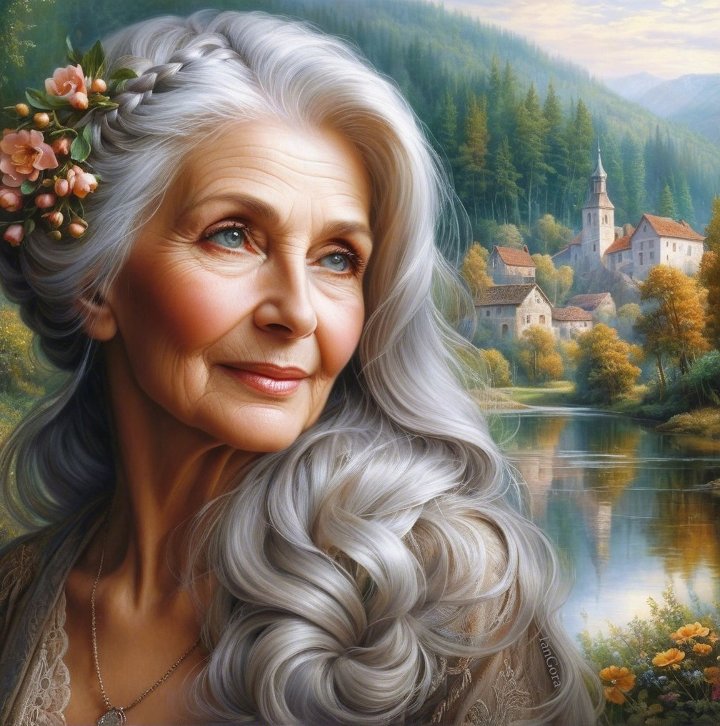 Elderly Woman with Silver Hair in Scenic Landscape