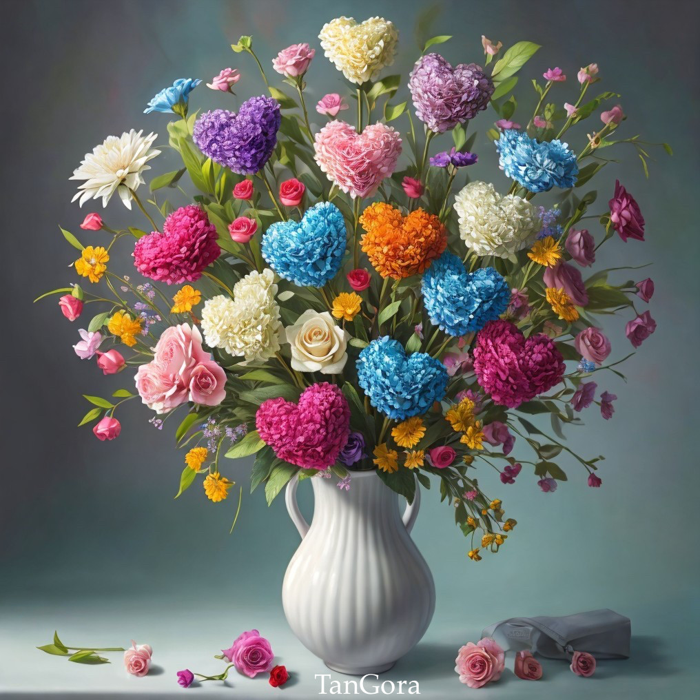 Vibrant Bouquet of Flowers in White Vase with Petals
