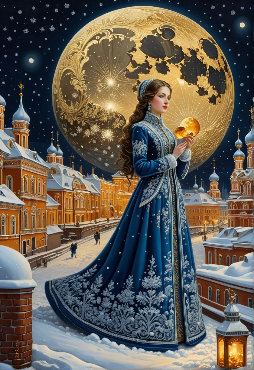 Winter Scene with Young Woman in Blue Dress and Moon