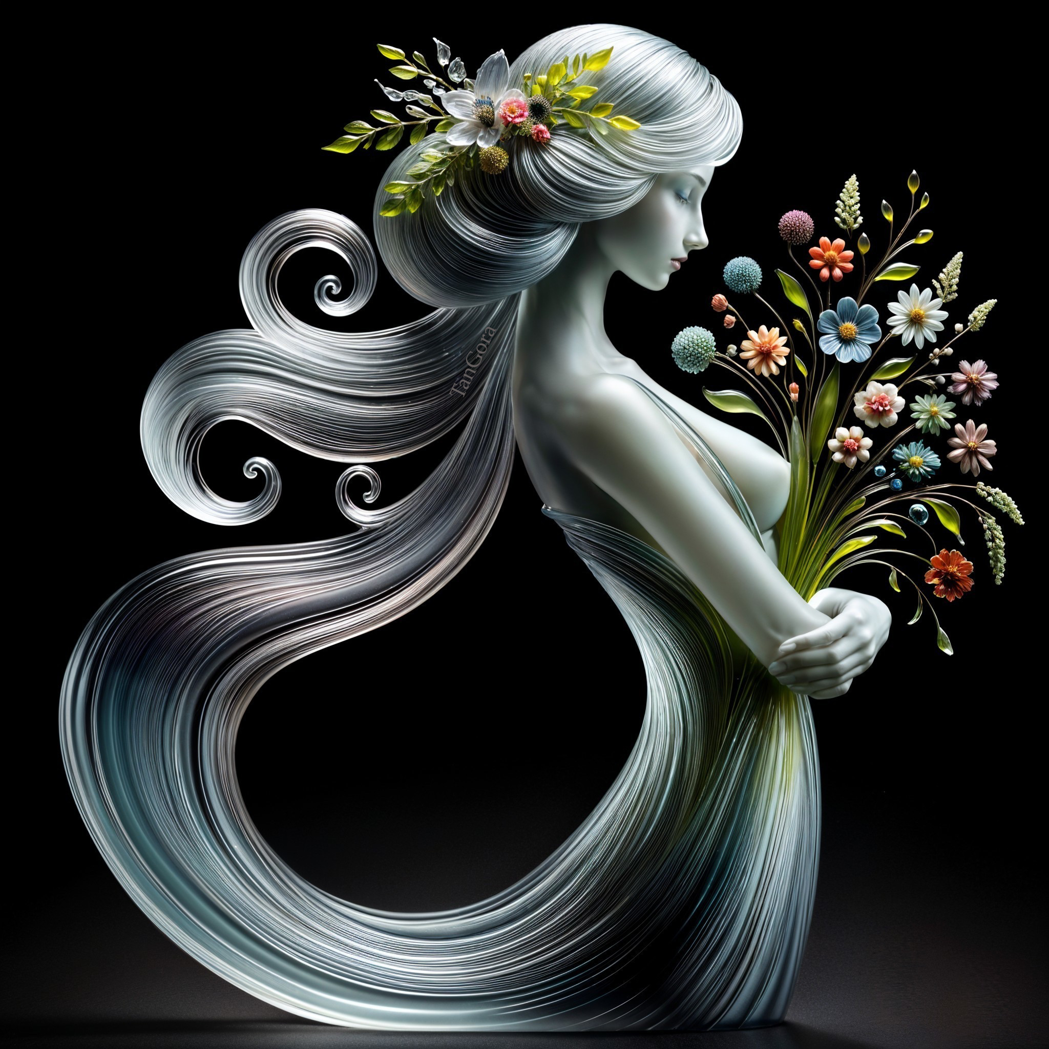 Elegant Sculpture of Woman Merging with Nature Elements