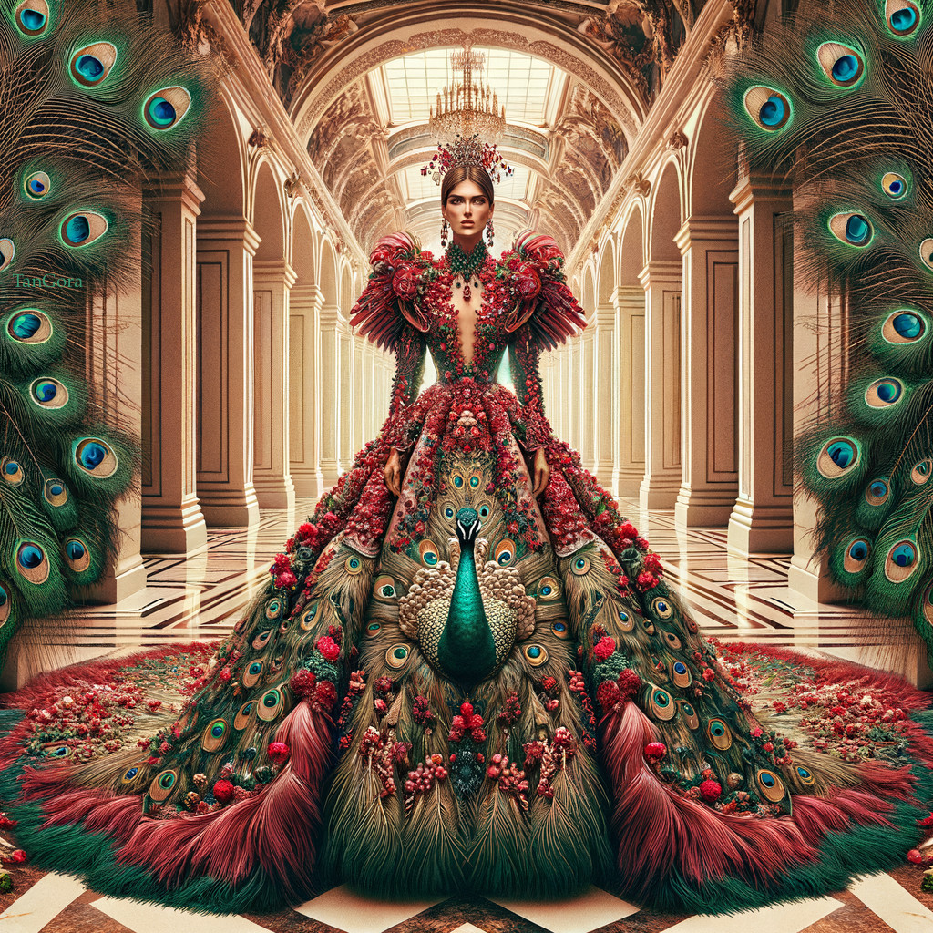 Regal Figure in Ornate Palace with Peacock-Inspired Gown