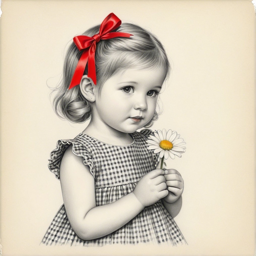 Young girl with daisy in checkered dress portrait