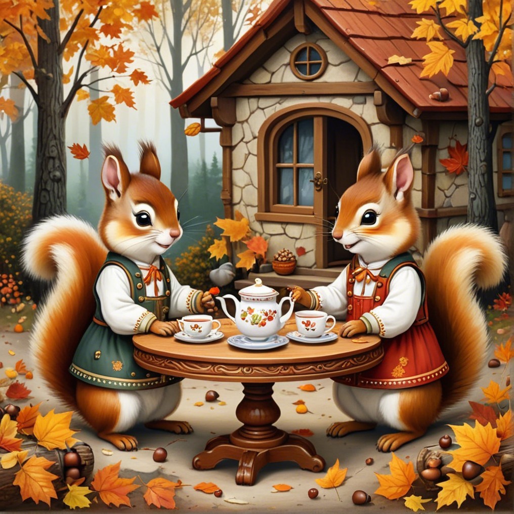 Charming Squirrels Enjoy Tea in Autumn Landscape