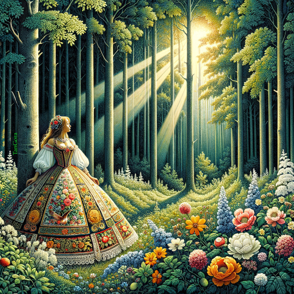 Serene forest scene with a young woman in a dress