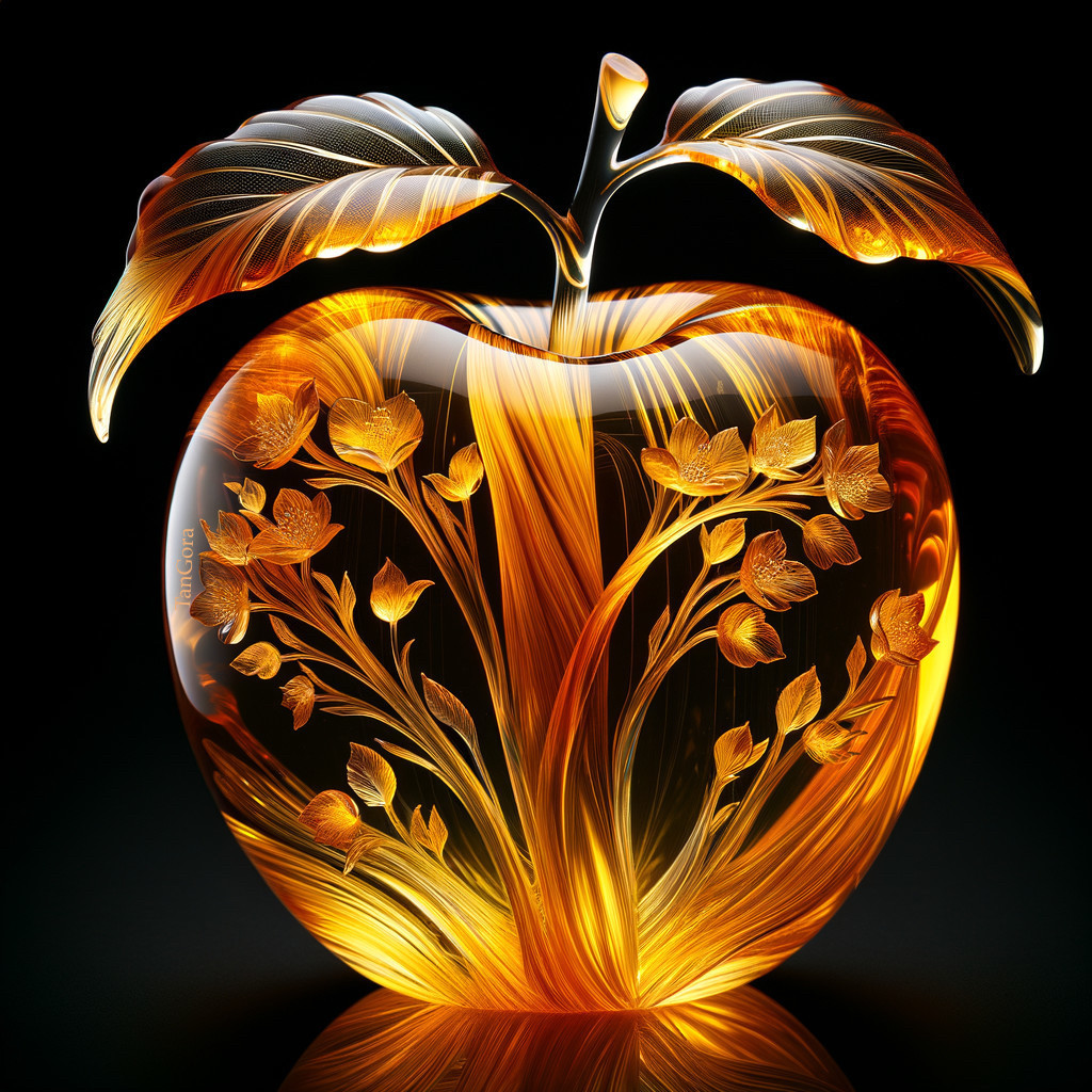 Translucent golden apple with artistic vine patterns