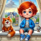 Cheerful boy with red hair and cat by window