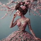 Serene Woman in Floral Gown Among Cherry Blossoms