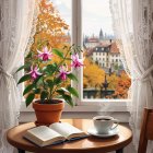Cozy Indoor Scene with Fuchsia Plant and Autumn View