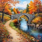 Autumn Landscape with Stone Bridge and Colorful Foliage