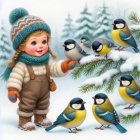Festive Digital Painting of a Girl in Snow with Birds