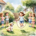 Young Girl Skipping Rope in Sunny Backyard Scene