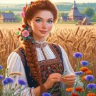 Young Woman in Embroidered Dress in Golden Field