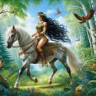Woman on White Horse in Vibrant Forest Setting