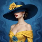 Elegant Woman in Yellow Gown with Dramatic Blue Hat