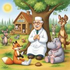 Cheerful Doctor Surrounded by Adorable Forest Animals