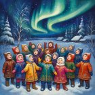 Folk Art Painting of Children Under Aurora Borealis