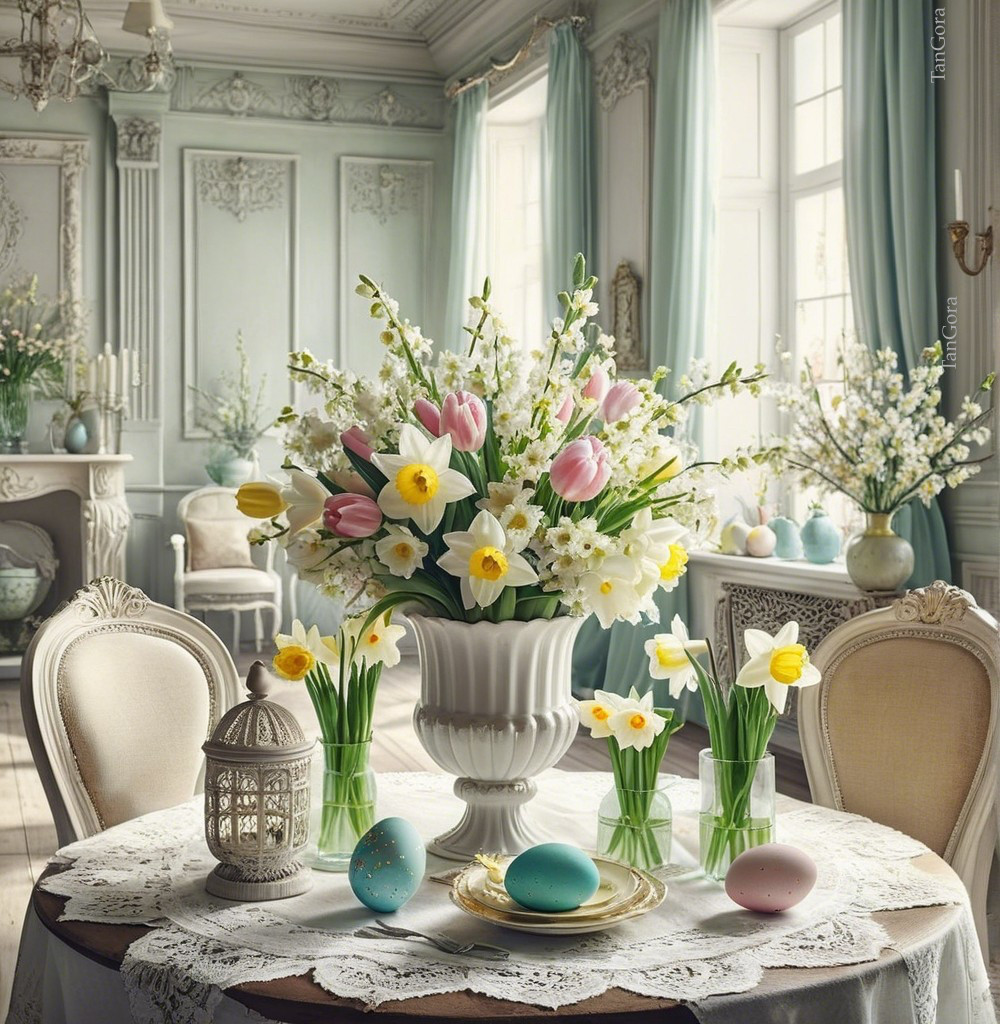 Elegant Table Arrangement with Spring Flowers and Decor