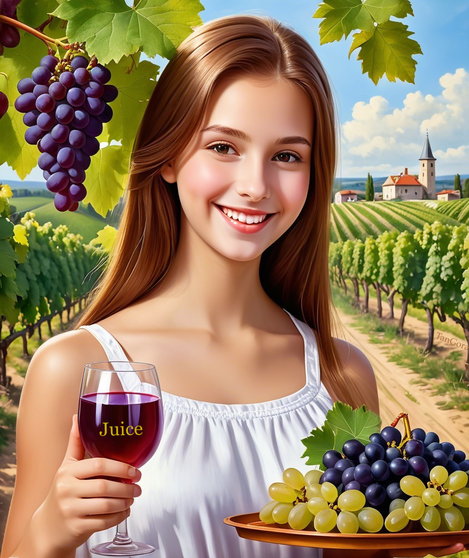 Young Woman in Vineyard with Grapes and Juice Glass