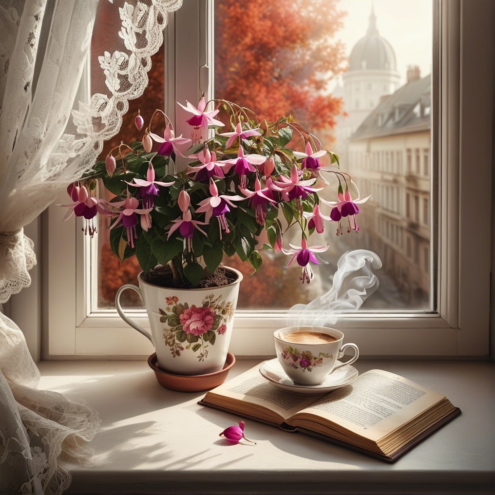 Cozy Window Scene with Fuchsia Plant and Coffee