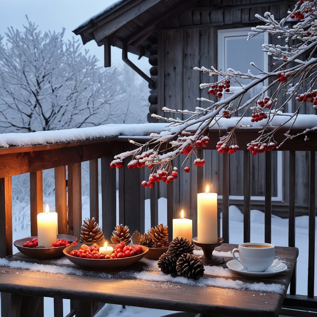 Serene Winter Scene with Candles and Snowy Balcony