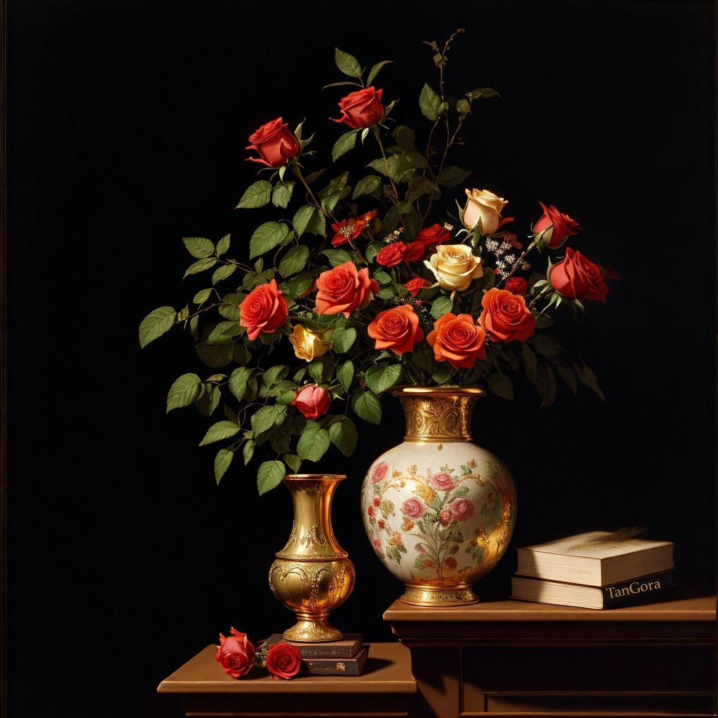 Vibrant Roses in Elegant Vases with Books Nearby