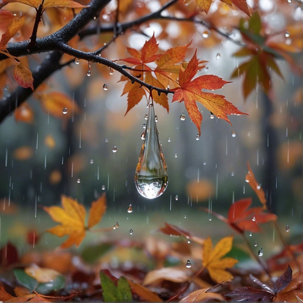Close-Up of Autumn Leaves with Raindrops and Colors