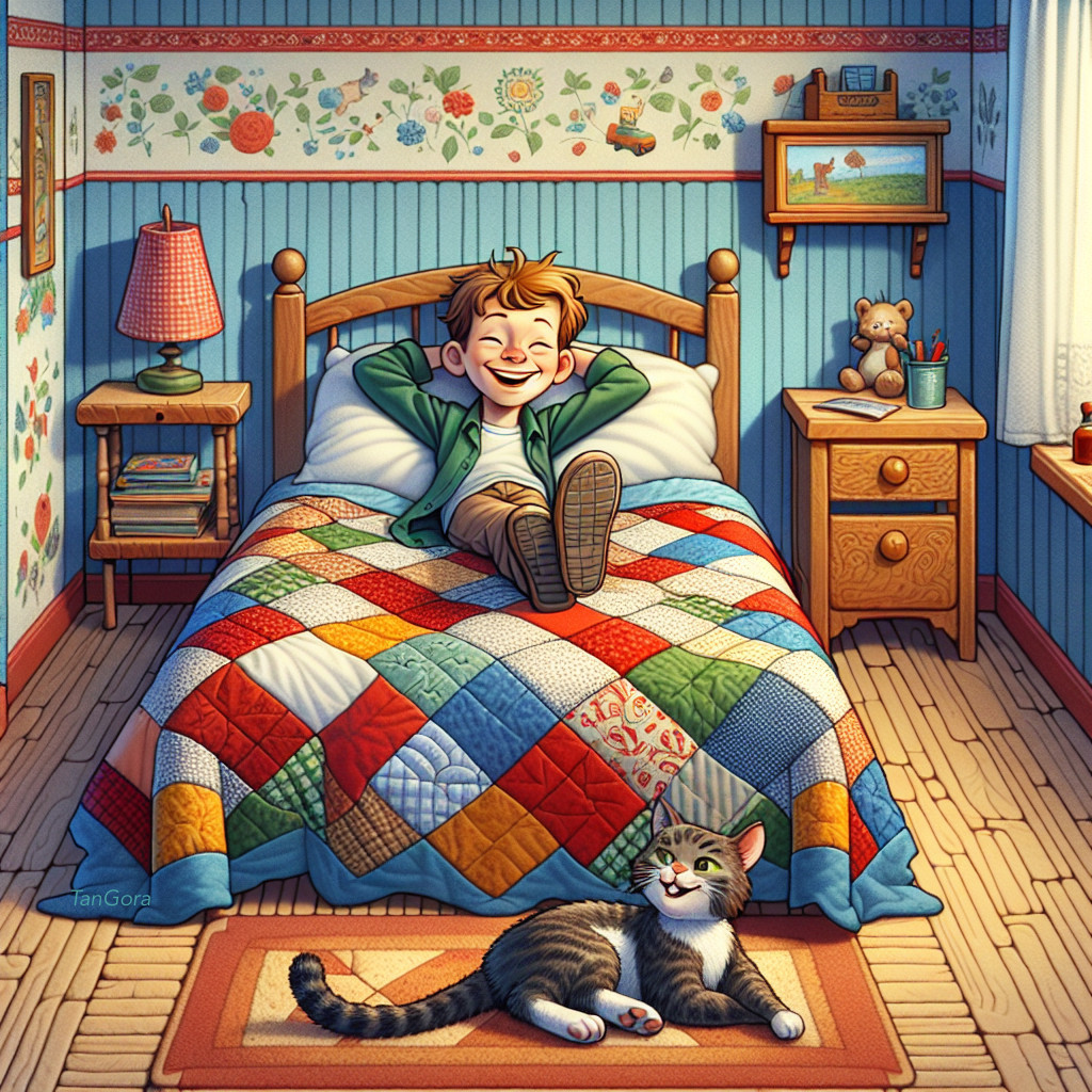 Cheerful Boy Relaxing on Colorful Patchwork Quilt