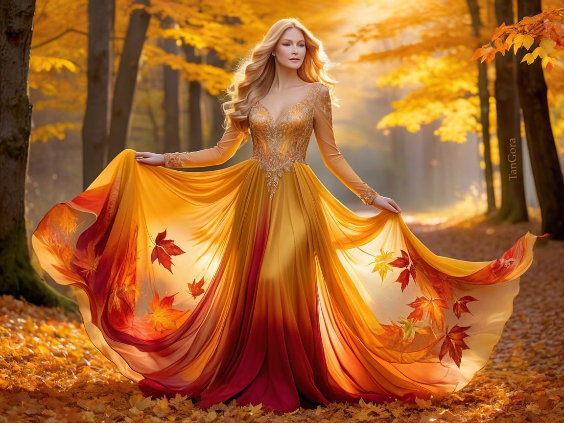 Graceful figure in autumn forest with vibrant leaves