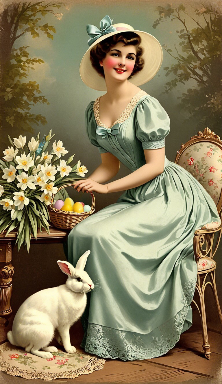 Springtime Scene with Woman, Rabbit, and Easter Eggs