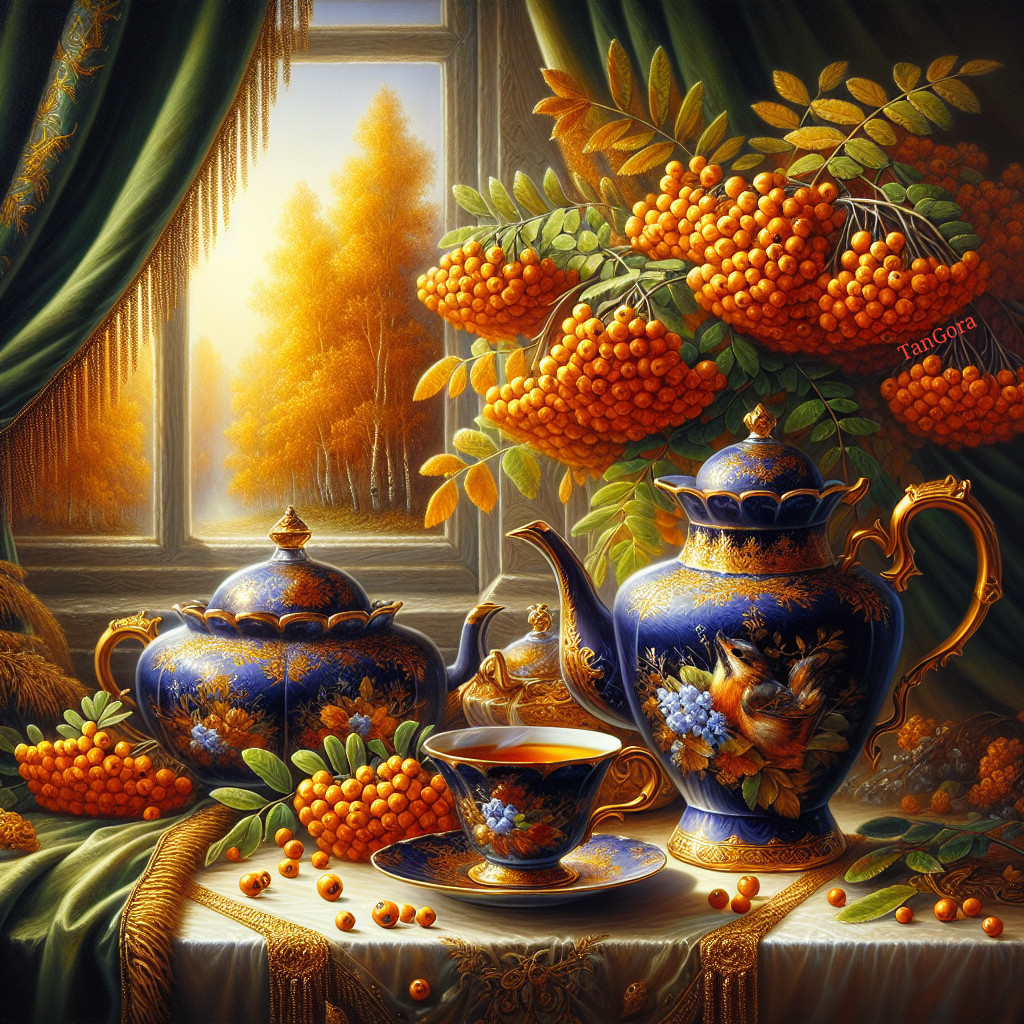 Ornate tea set with floral patterns and autumn backdrop