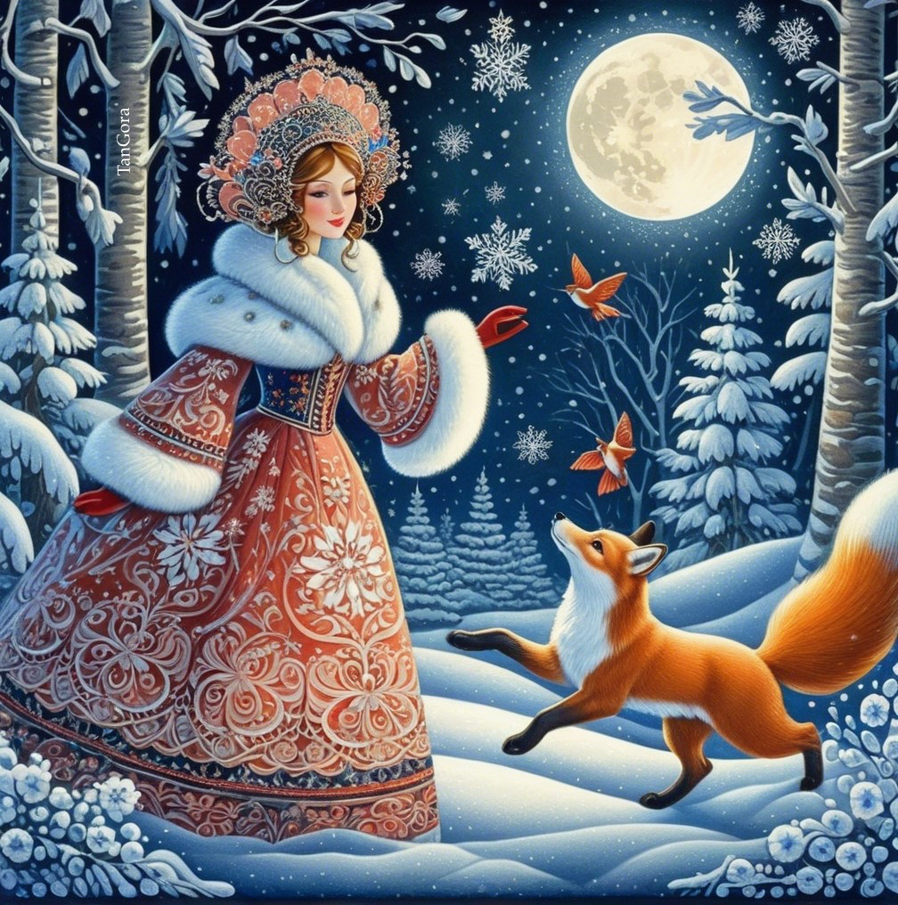 Winter Forest Scene with Woman, Fox, and Snowflakes