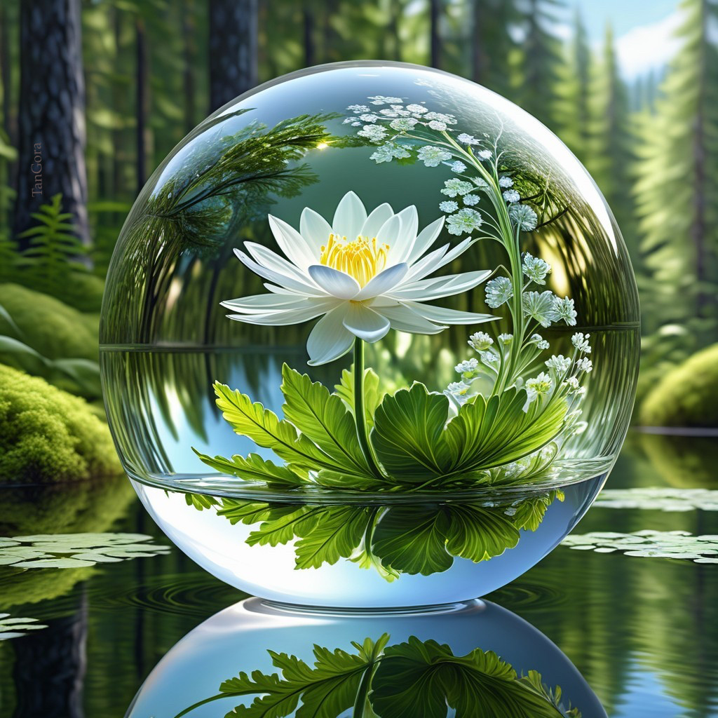Glass Orb with Lotus Flower and Green Leaves