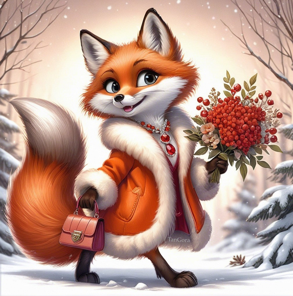 Cheerful cartoon fox in winter landscape with berries