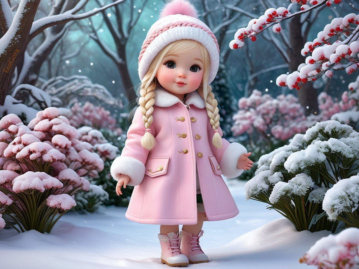 Charming Doll in Snowy Landscape with Pink Flowers